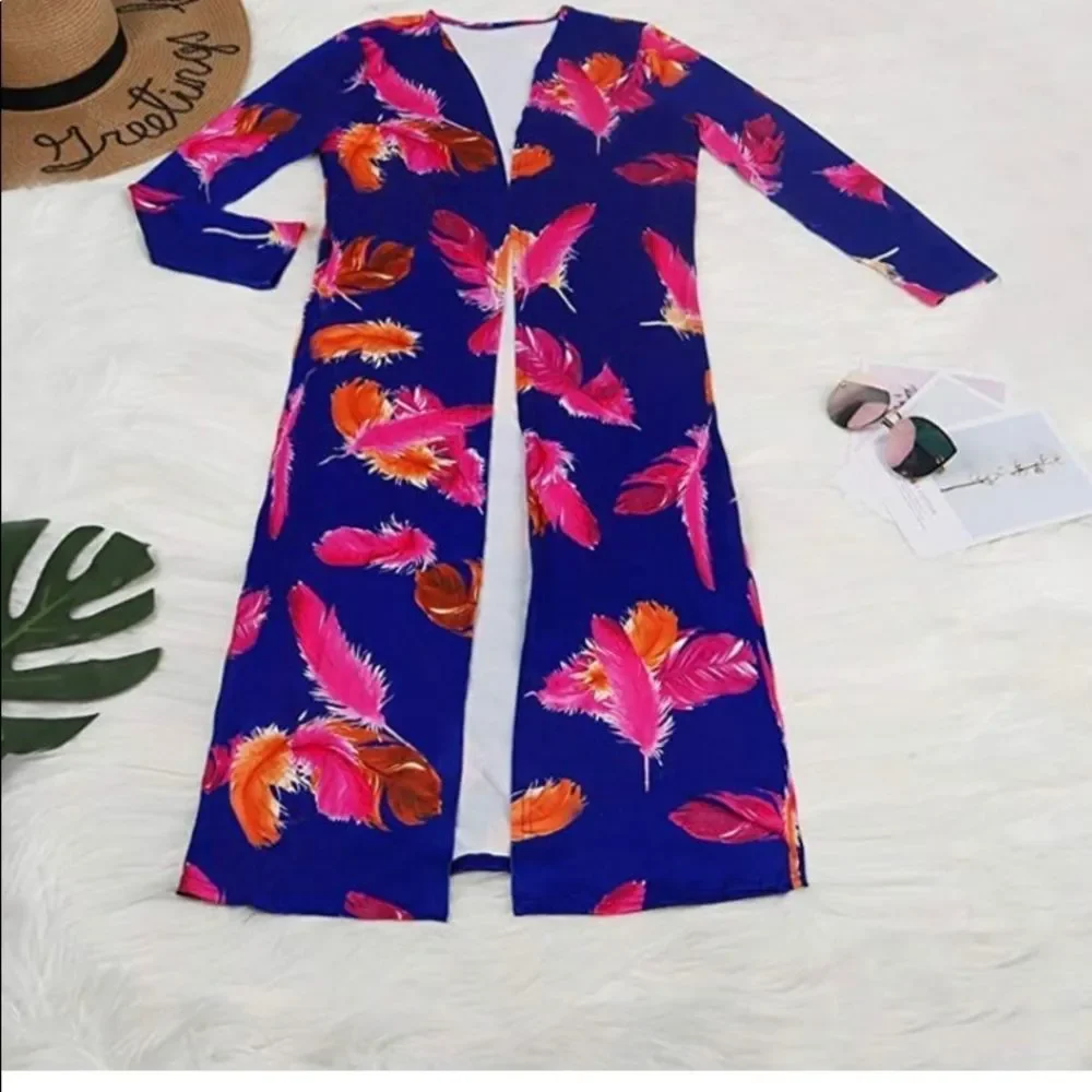 Pink - Y&P printed Long Cardigans 2 Piece Outfits,Long Sleeve Coat and Trousers… - Picture 4 of 5